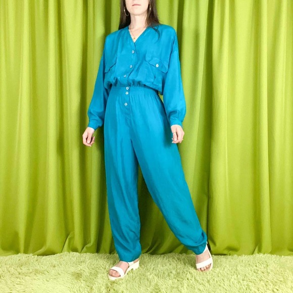 80s Vintage Blue Teal 100% Silk Full Length Jumpsuit Coveralls - Picture 1 of 5